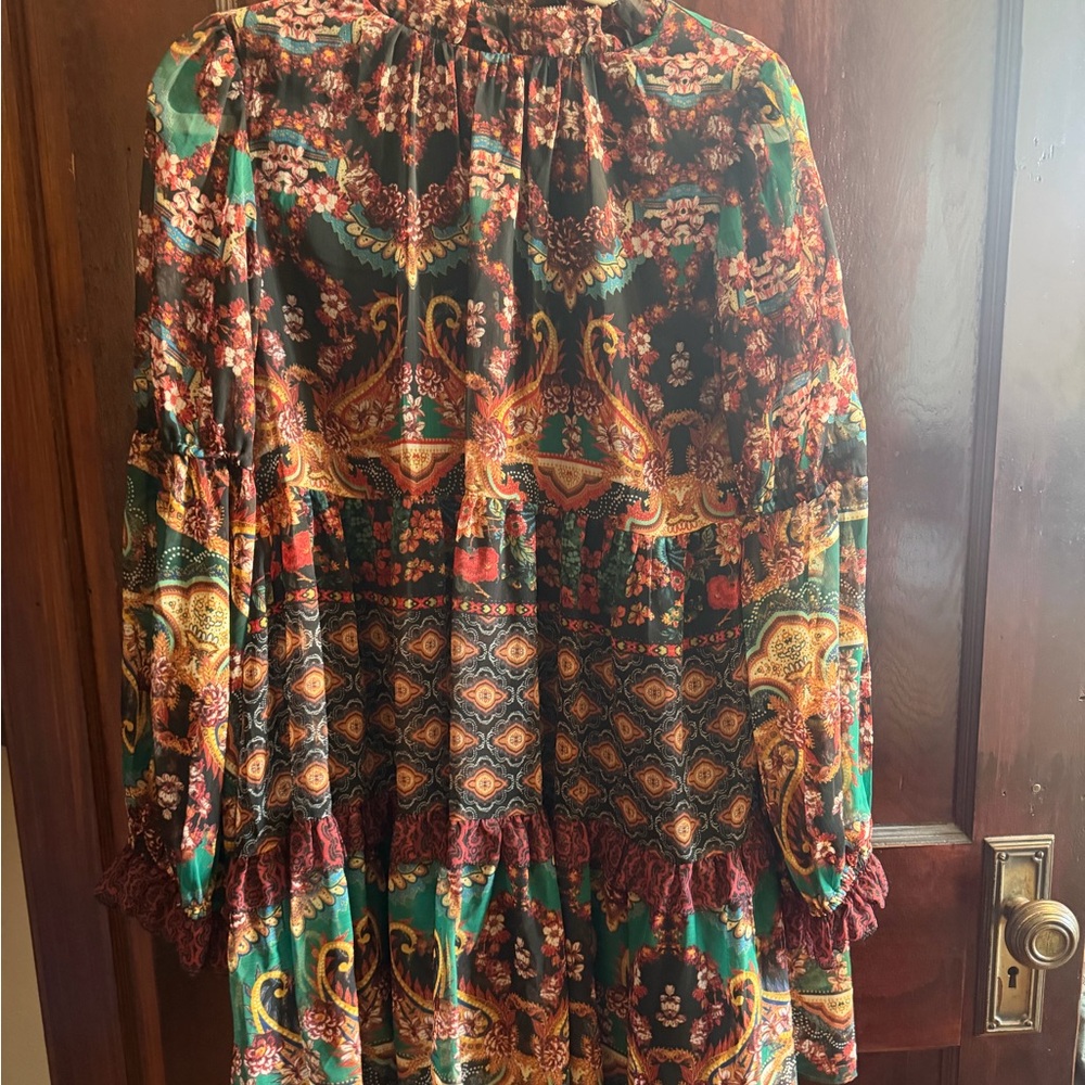 Alice + Olivia Floral Paisley Ruffle-Neck Dress in Black, Green & Gold Tones